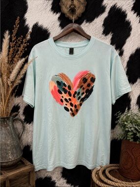 Aqua Tee with Colorful Leopard Heart Graphic